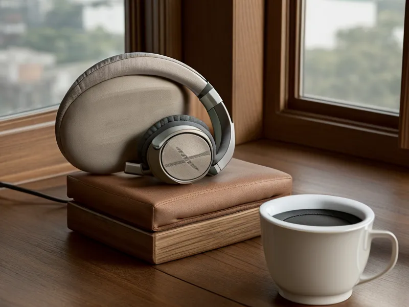 Casque audio posé sur un bureau en bois à côté d'un café chaud