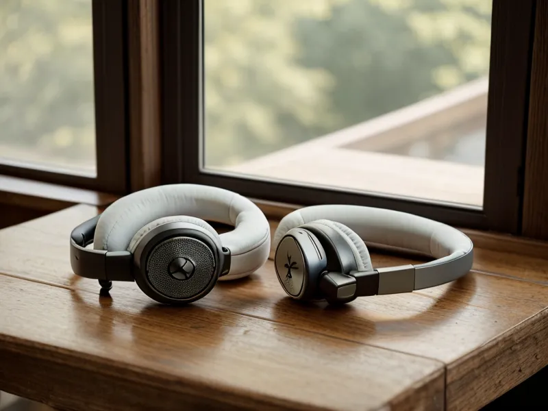 Casque audio et carnet de notes sur un bureau en bois, ambiance calme