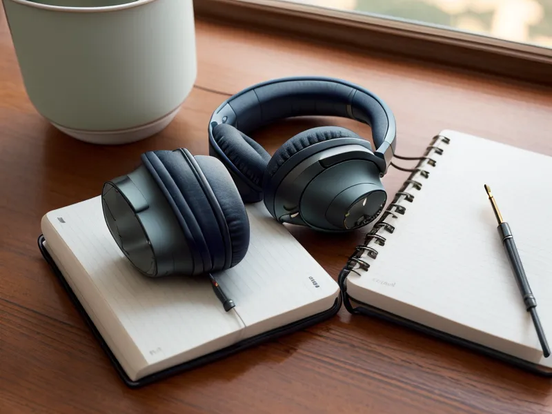 Casque audio et carnet de notes sur un bureau en bois avec une tasse de café