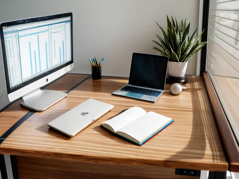 Bureau en bois avec un ordinateur et un casque audio posé à côté.