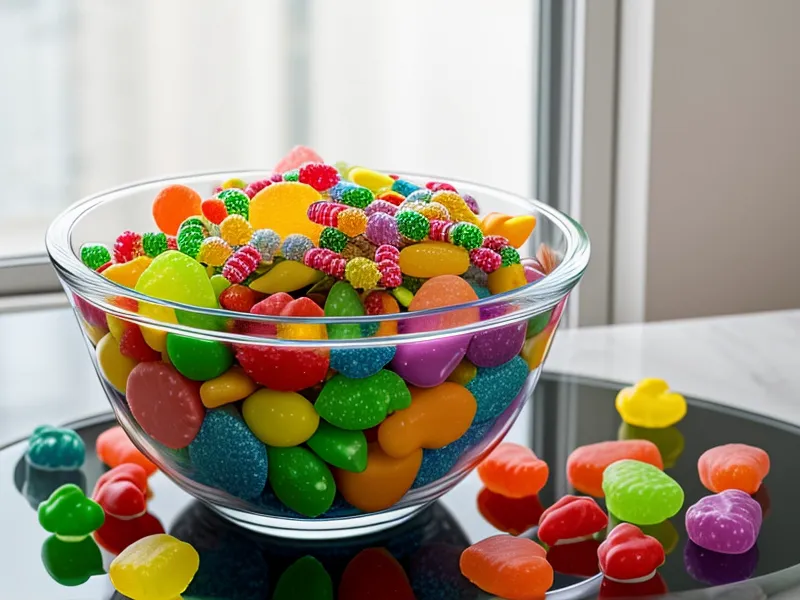 Bol de bonbons colorés sur un comptoir, tentation sucrée typique au bureau