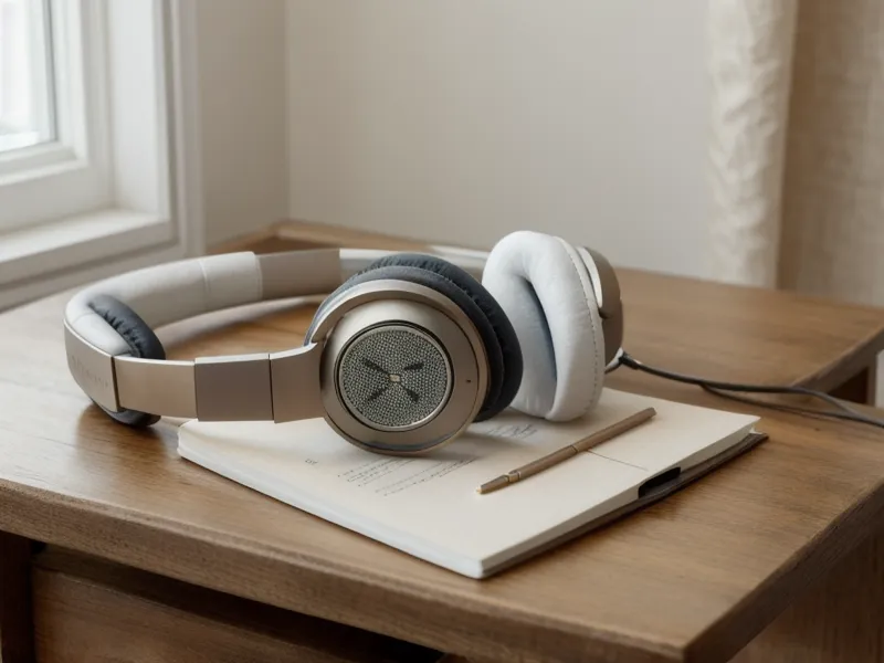 Casque audio et carnet de notes sur une table en bois, outils d'auto-hypnose pour muscler l'intuition et la prise de décision.