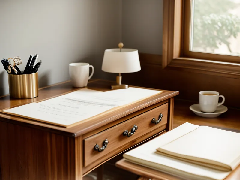 Bureau de gestionnaire de paie avec café et documents administratifs sous une lumière naturelle