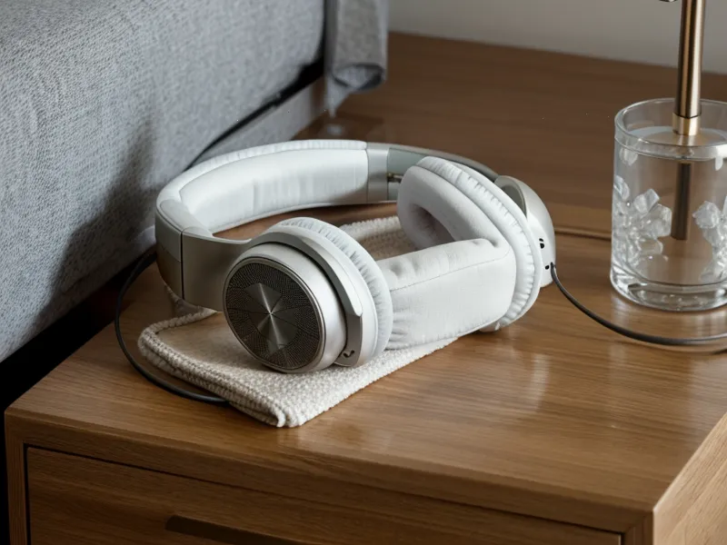 Casque audio posé sur une table de nuit en bois dans une chambre tamisée