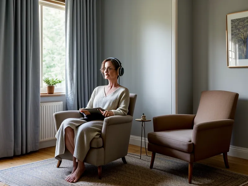 Un carnet de croquis ouvert à côté d'un casque audio sur un tapis confortable.