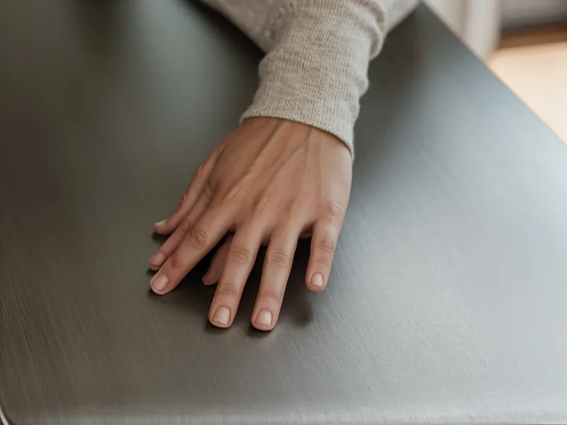Main posée sur un bureau en métal près d'un casque audio, avant une séance d'hypnose pour débloquer une idée