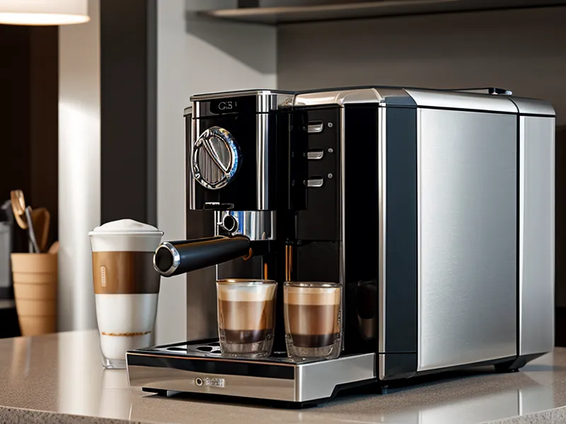 Gros plan d'une machine à café de bureau moderne dans un couloir flou.