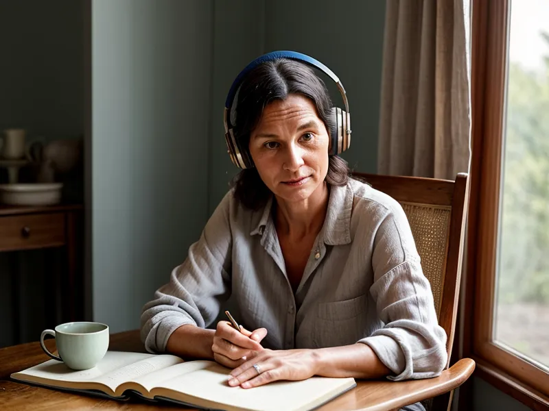 Un casque audio posé sur une table en bois à côté d'un carnet.
