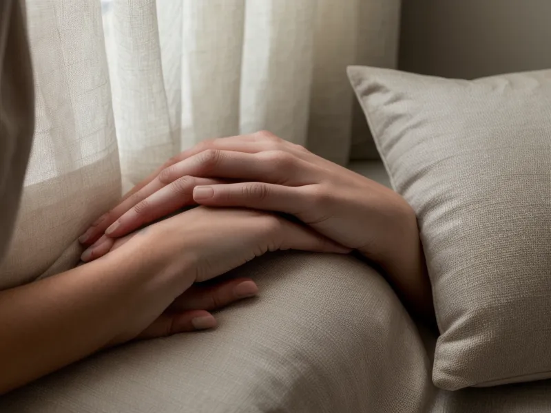 Gros plan d'une main détendue sur un coussin, symbolisant le lâcher-prise physique.