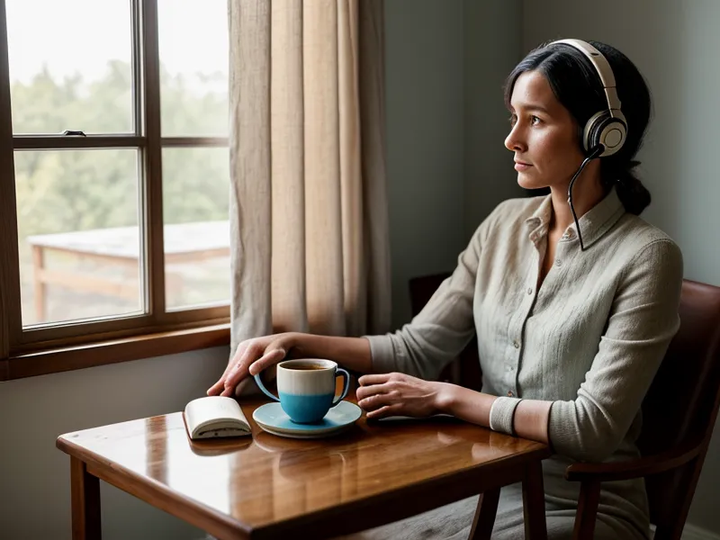 Casque audio et tasse de café sur un bureau en bois