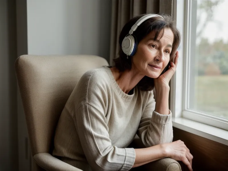 Casque audio filaire posé près d'un mug, utilisé pour une séance d'hypnose audio contre la charge mentale