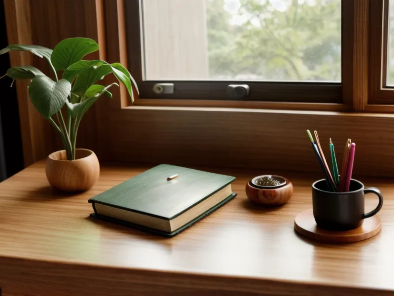 Bureau rangé et lumineux avec plante verte, résultat d'une meilleure organisation personnelle après l'hypnose