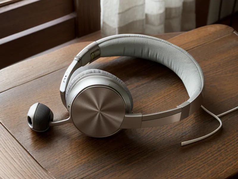 Casque audio posé sur une table en bois à côté d'un verre d'eau