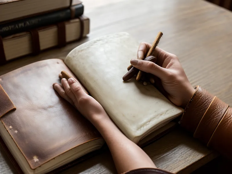 Gros plan de mains tenant un carnet de notes sur une table en bois