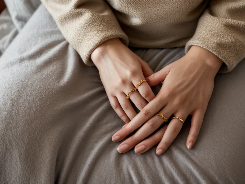 Mains posées sur une couette épaisse en soirée, moment clé du rituel avant le changement d'habitude