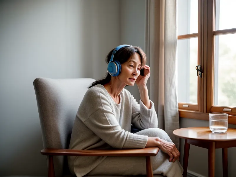 Smartphone et écouteurs filaires prêts pour une séance d'hypnose pratique à la maison après une rupture amoureuse