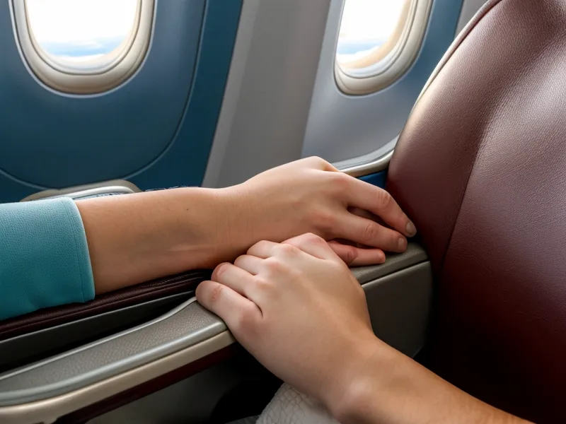 Mains détendues sur l'accoudoir d'un siège d'avion, signe que la gestion de l'anxiété fonctionne