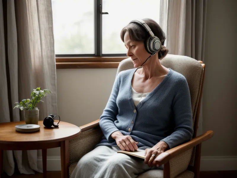 Casque audio posé sur une table en bois à côté d'un carnet de notes